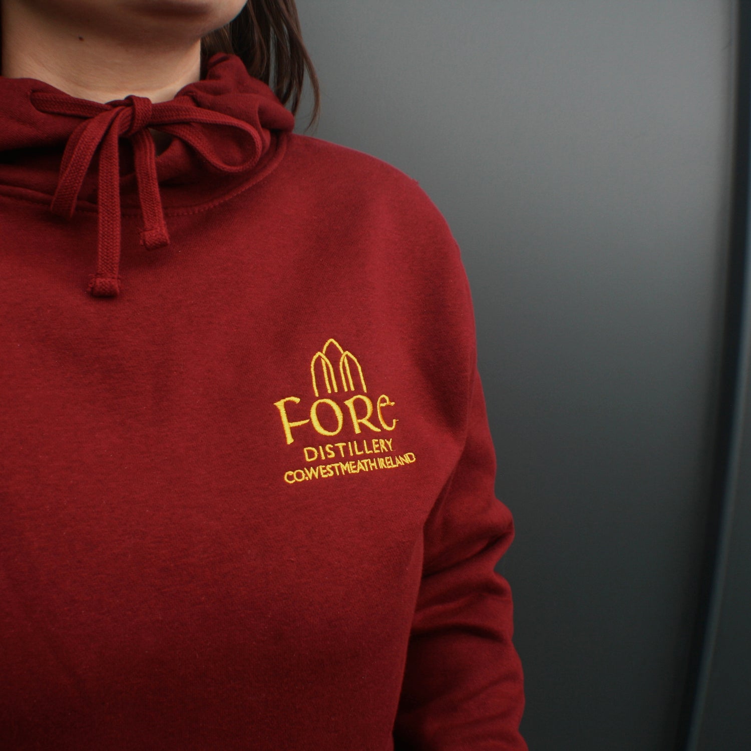 Fore Distillery Maroon Red Hoodie Embroidered Emblem